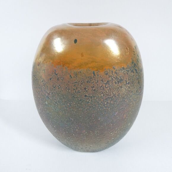 Art Glass Vase Thick Blown Glass Marigold Iridescent Textured - Picture 6 of 14